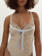 Puckered Gingham One Piece - Tan