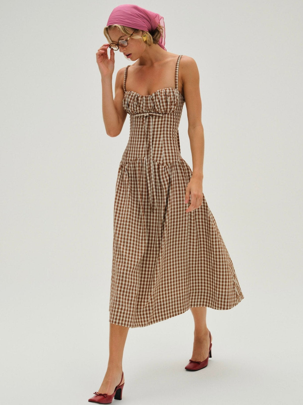 Gingerbread Gingham Midi Dress - Brown