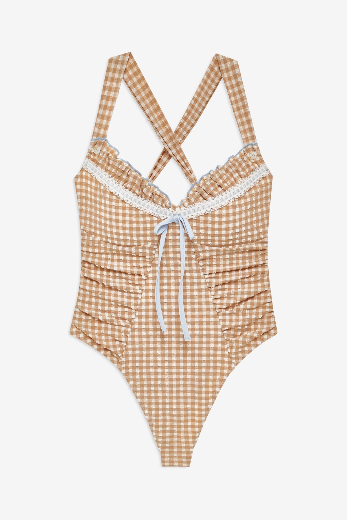 Puckered Gingham One Piece - Tan