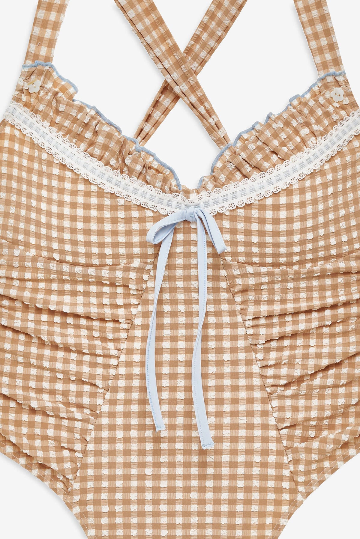 Puckered Gingham One Piece - Tan