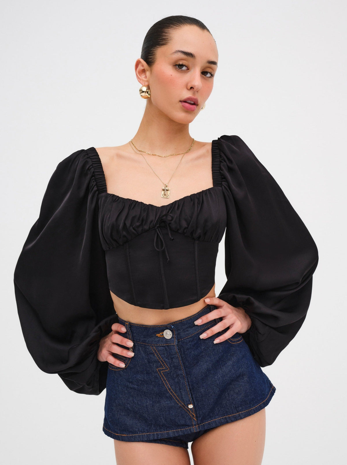 Kat Long Sleeve Corset Top - Black