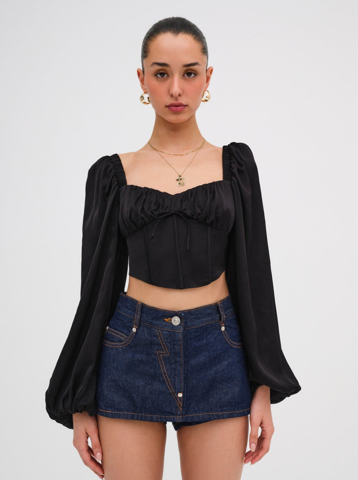 Kat Long Sleeve Corset Top - Black