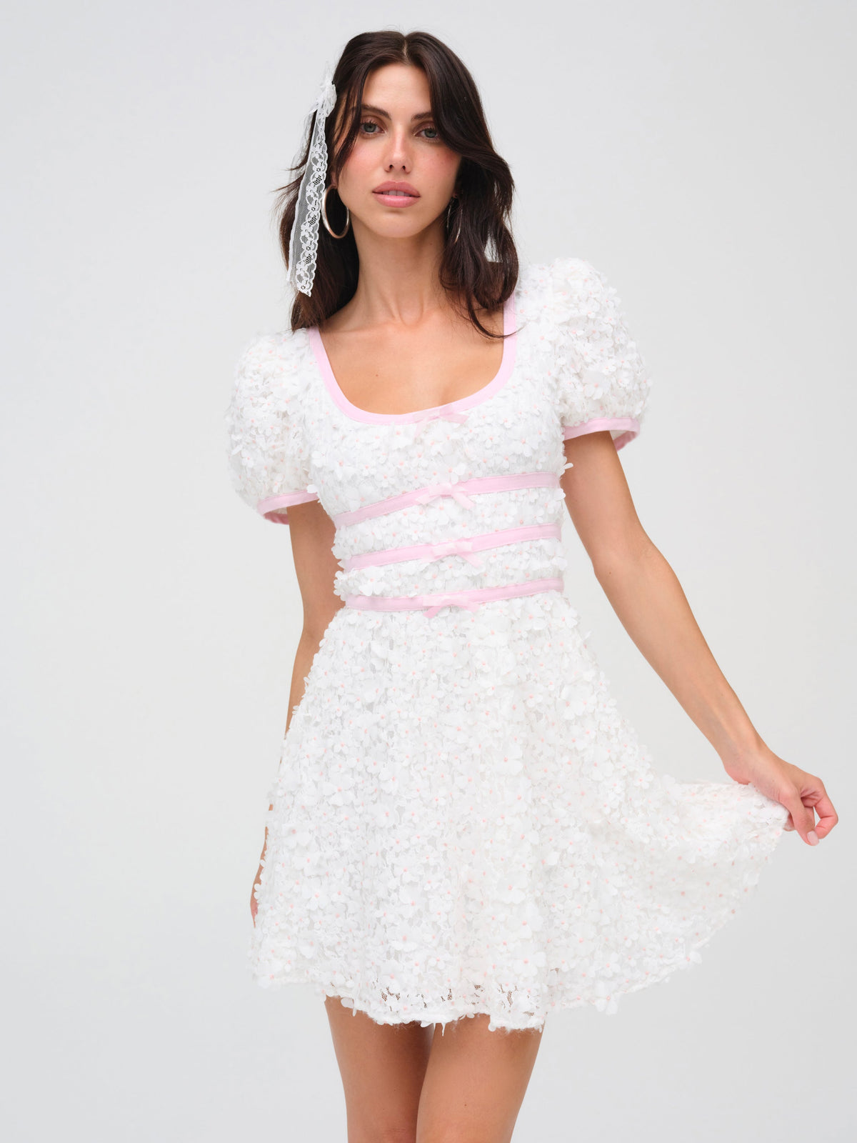 Stacked Blossom Lace Mini Dress - White