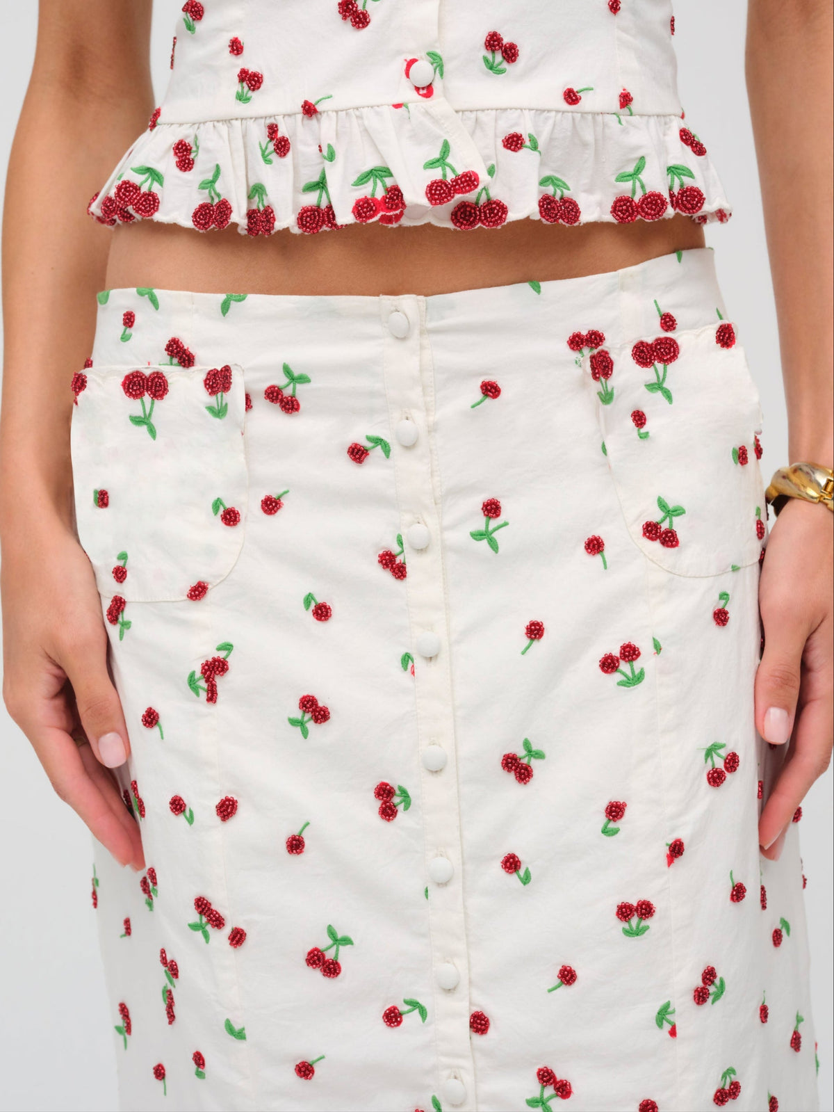 Beaded Cherries Midi Skirt - White
