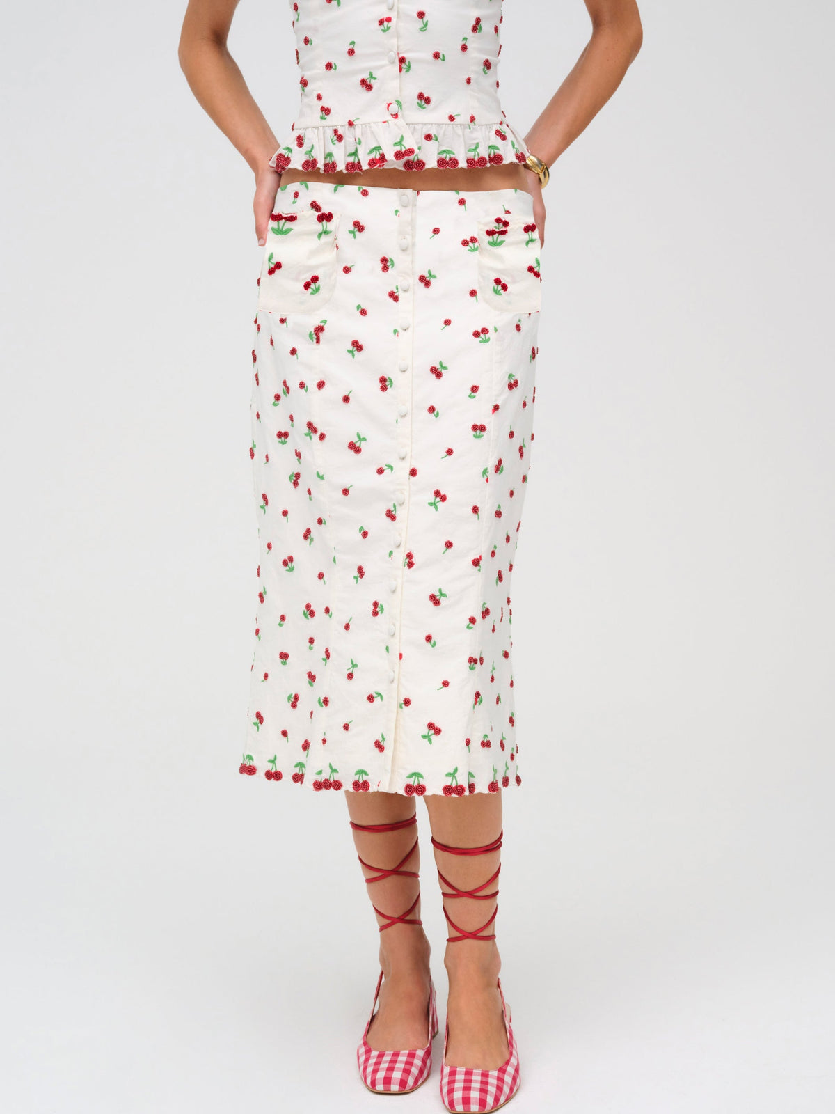 Beaded Cherries Midi Skirt - White