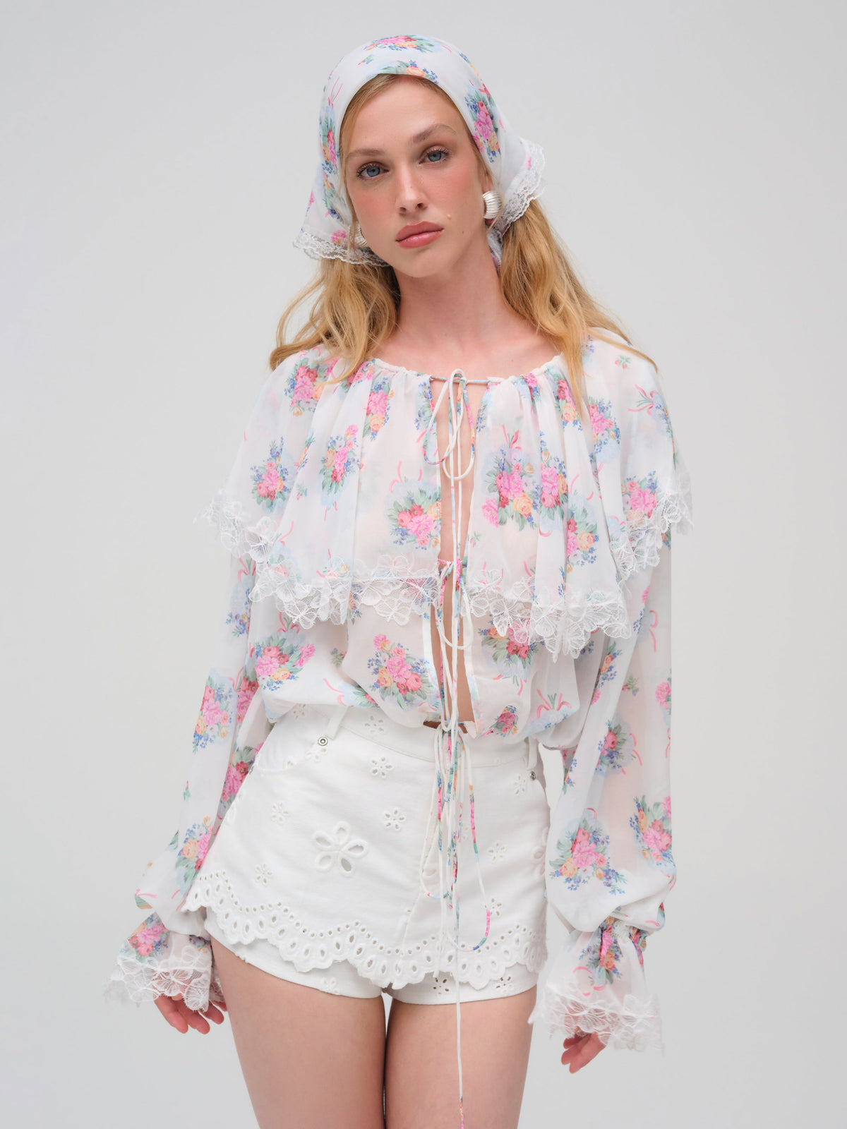 Doily Bouquet Long Sleeve Top - White