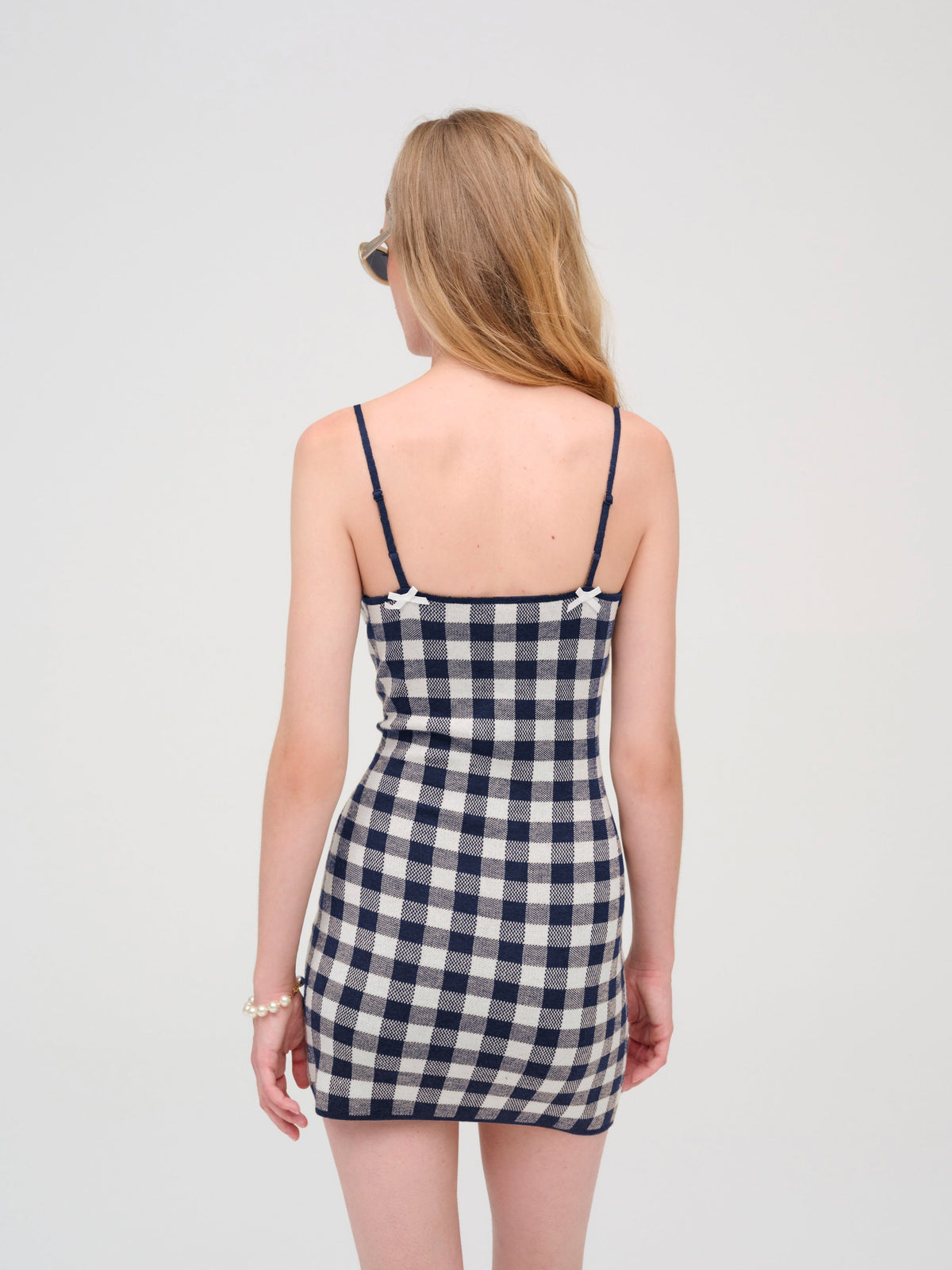 Gingham Knit Mini Dress - Navy