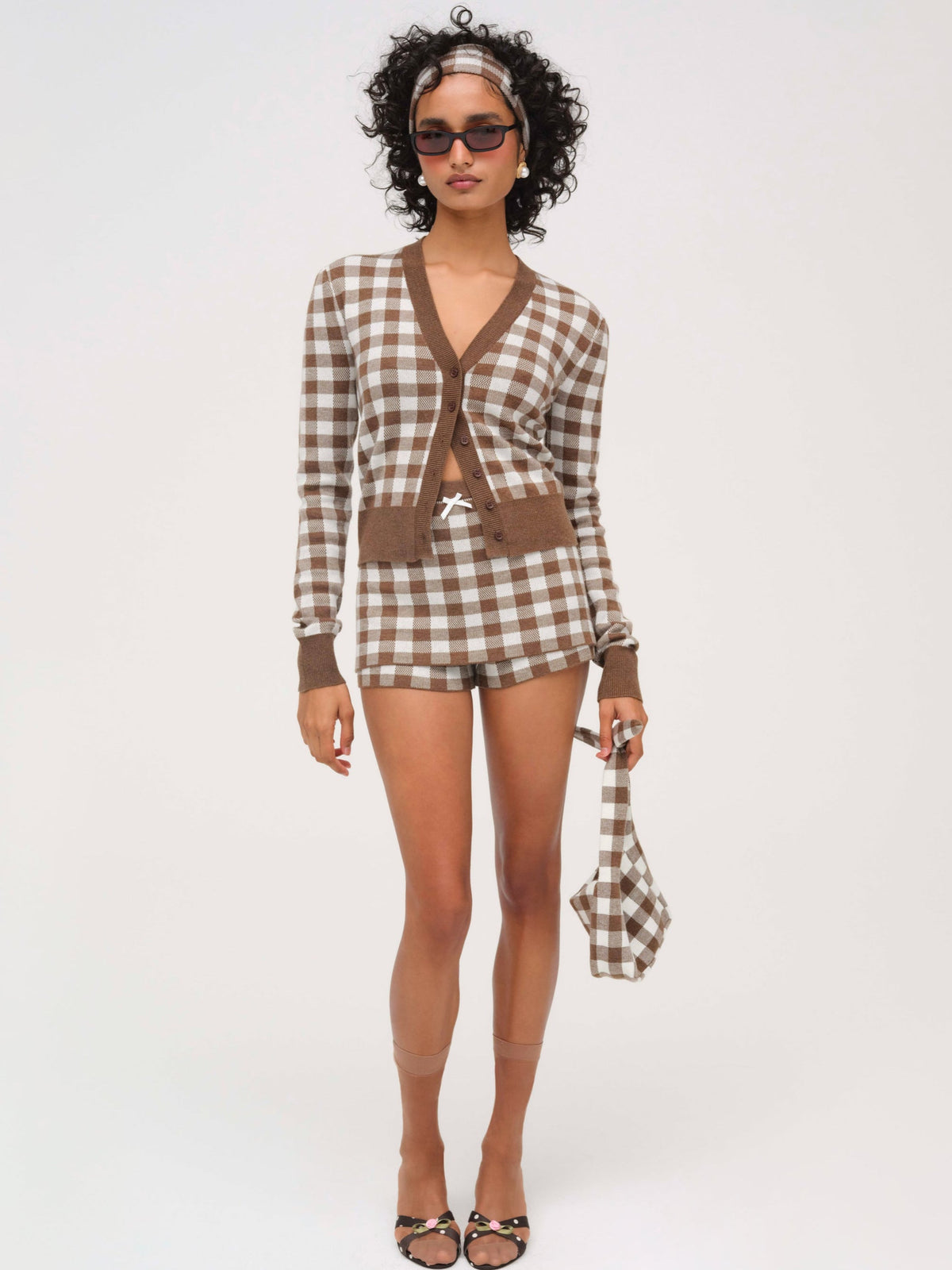 Gingham Knit Cardigan - Brown