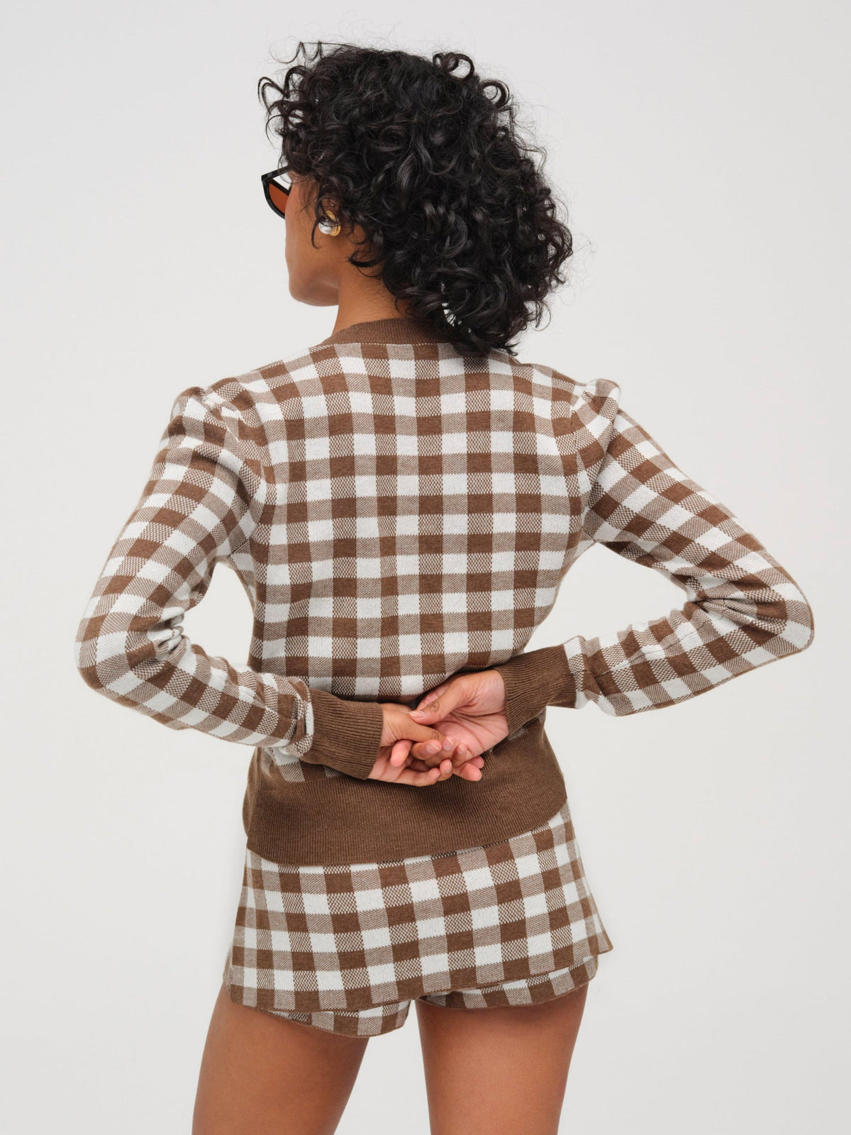 Gingham Knit Cardigan - Brown