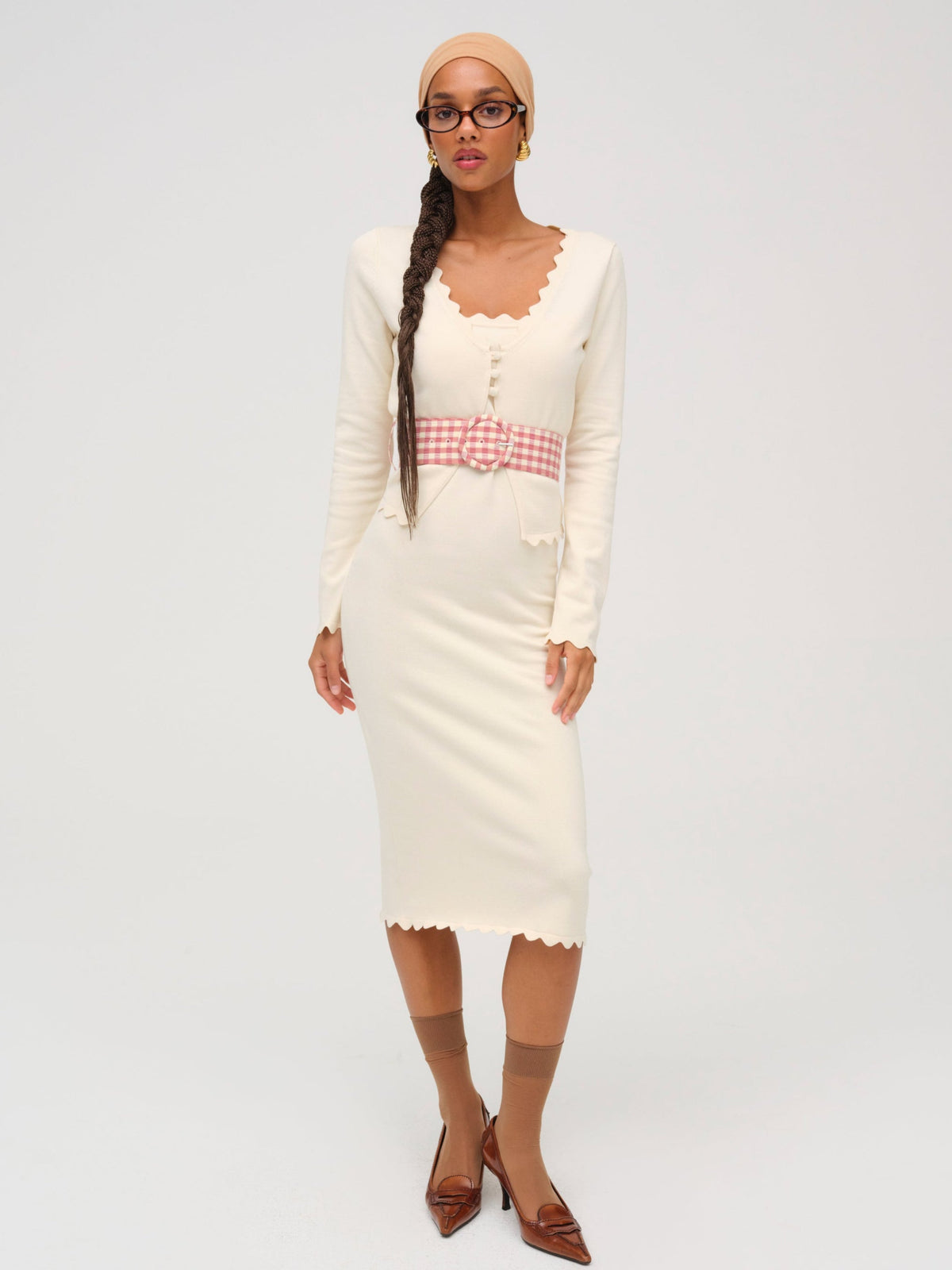 Sisi Scallop Knit Midi Dress - Cream