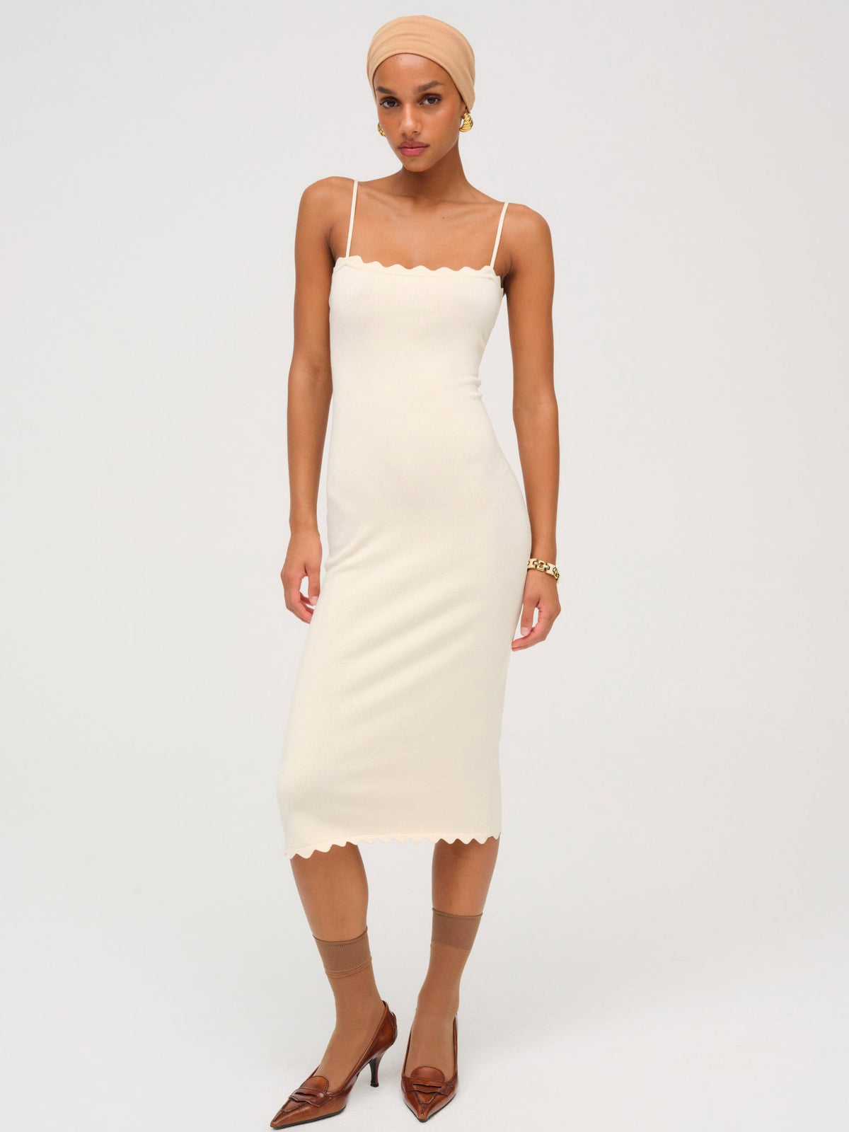 Sisi Scallop Knit Midi Dress - Cream