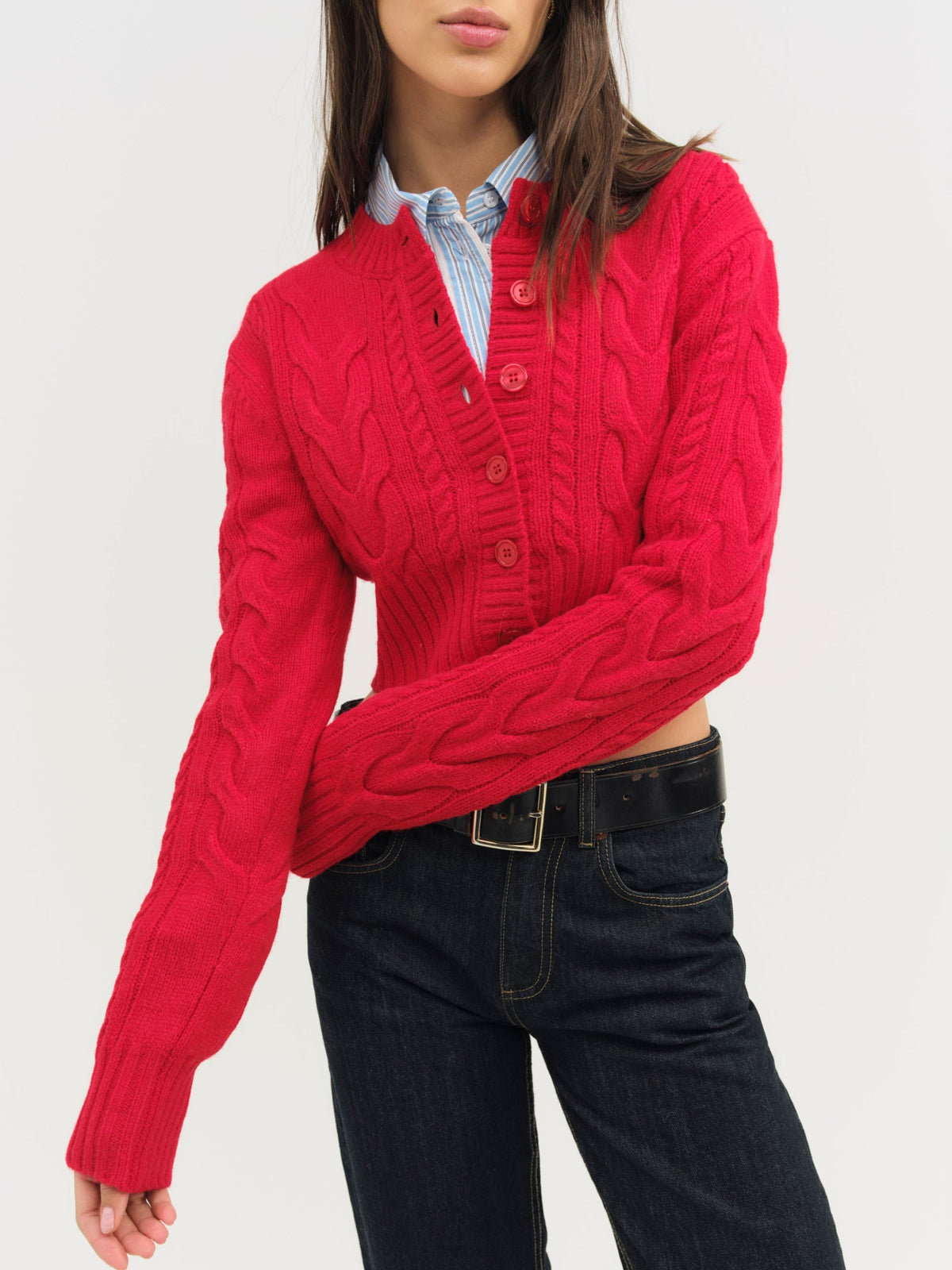 Camille Cable Knit Cardigan - Red