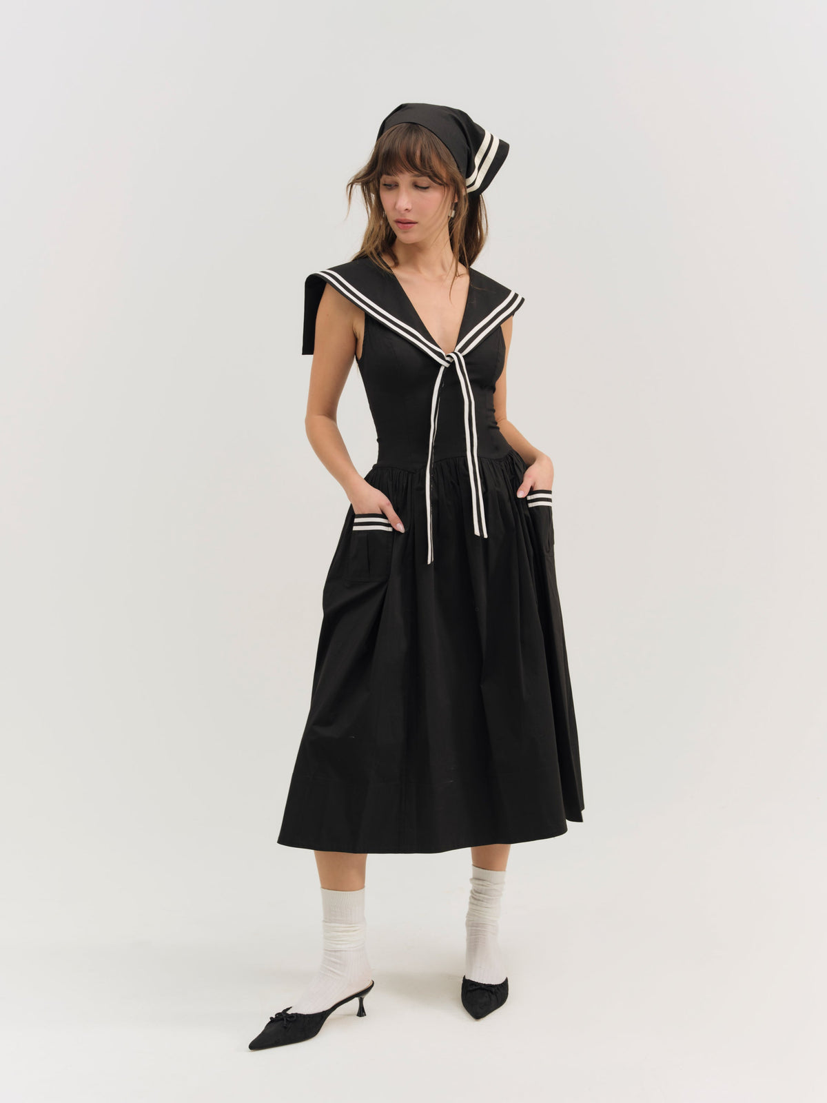 Helena Poplin Collared Midi Dress - Black