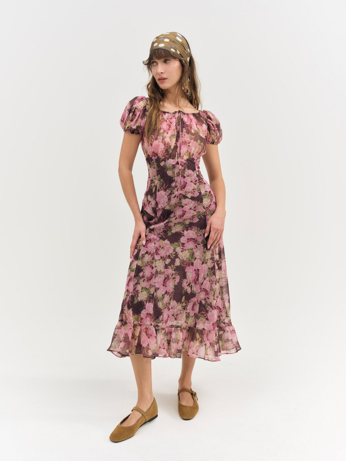 Adeline Floral Midi Dress - Brown