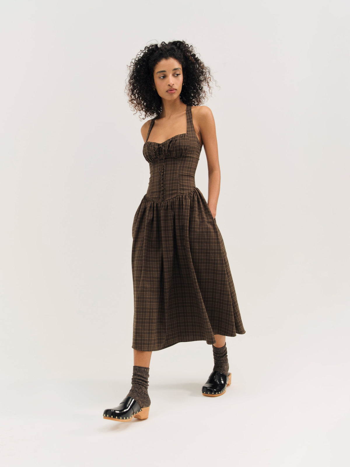 University Plaid Midi Dress - Brown
