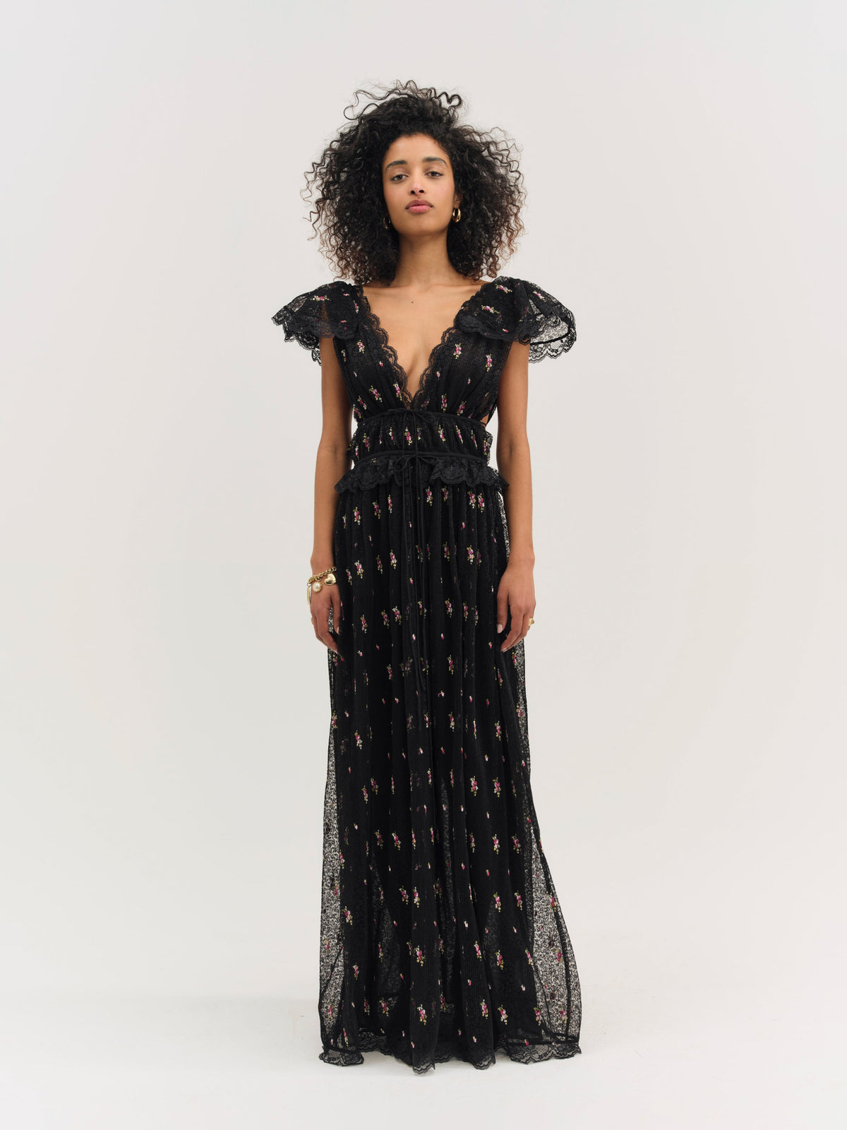 Poppy Pleated Lace Maxi Dress - Black