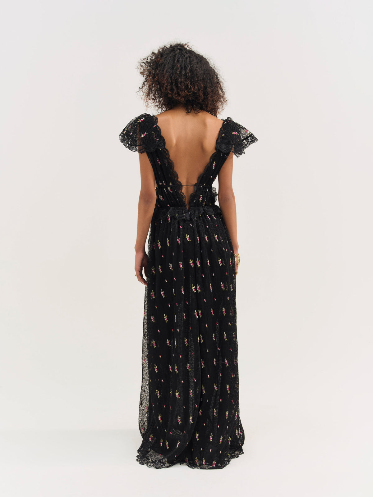 Poppy Pleated Lace Maxi Dress - Black