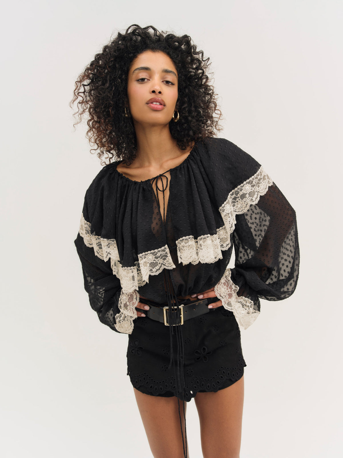 Daisy Eyelet Denim Skort - Black