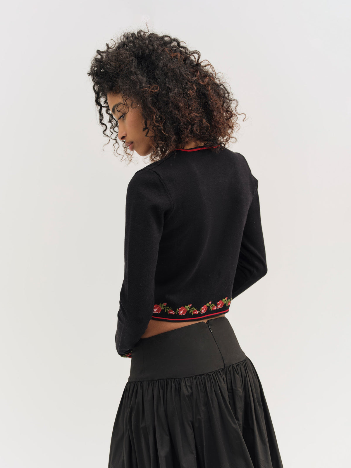 Rose Waltz Embroidered Knit Cardigan - Black