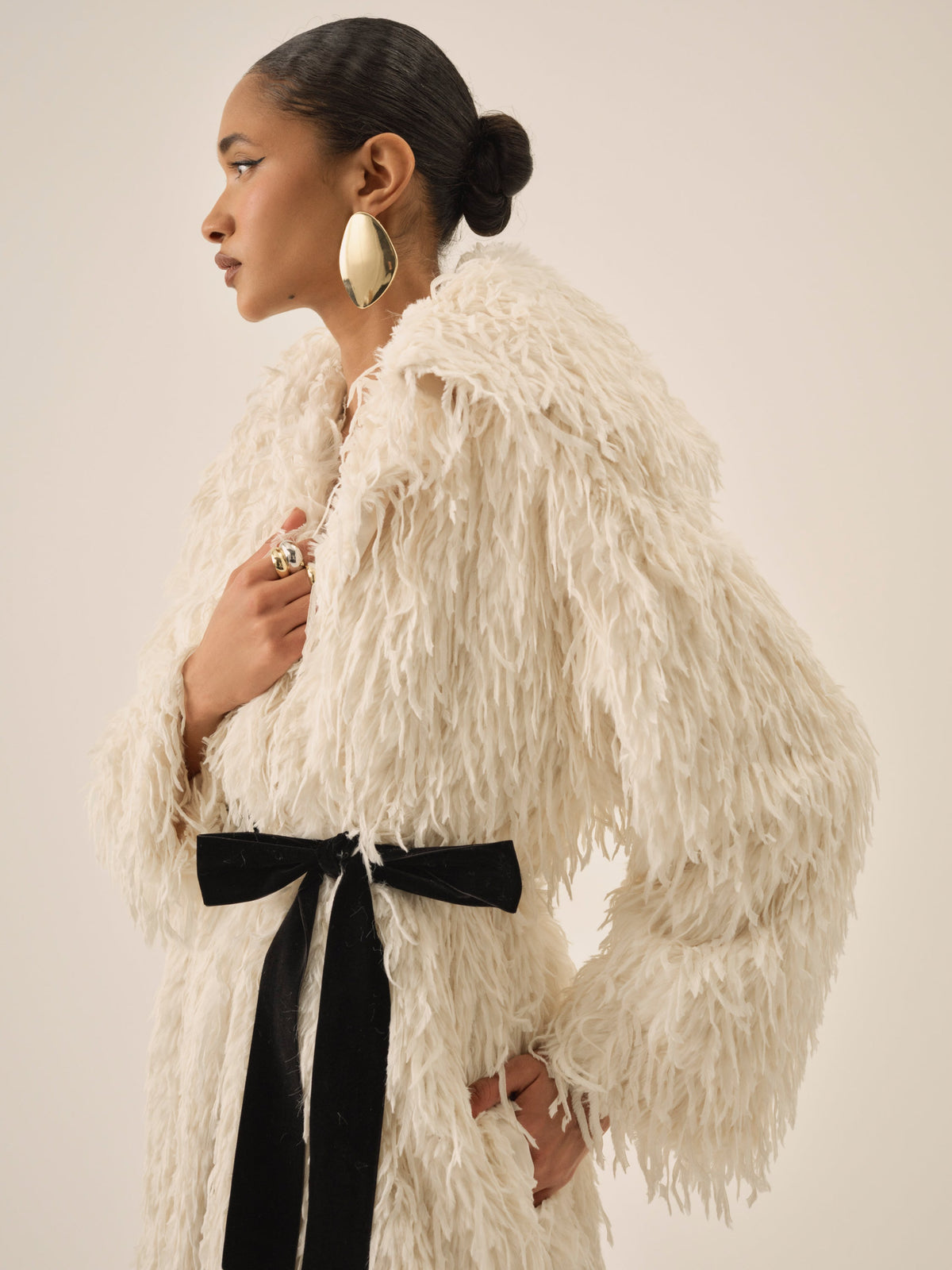 Ruffle Faux Feather Coat - Cream