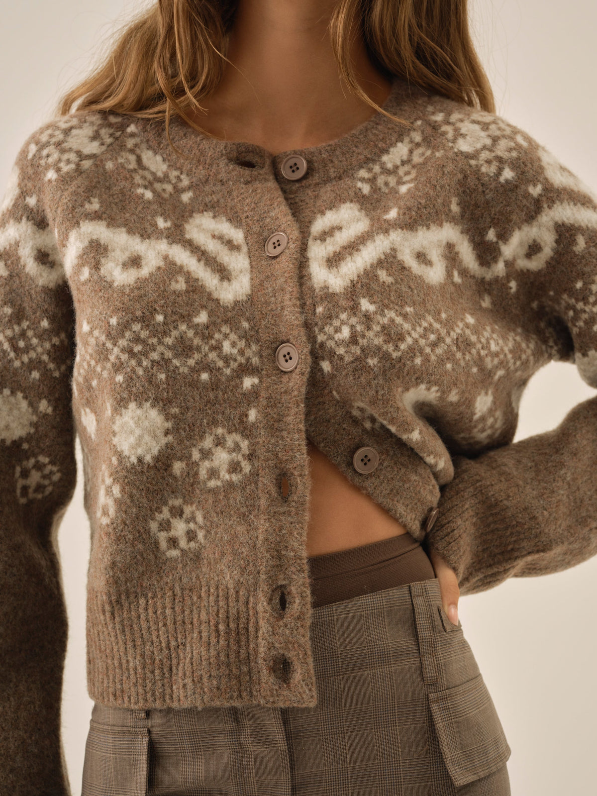 Arabella Intarsia Crewneck  Cardigan - Brown