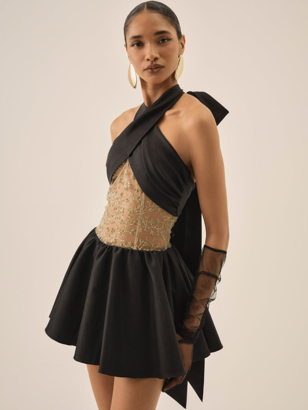 Shimmering Petals Mini Dress - Black
