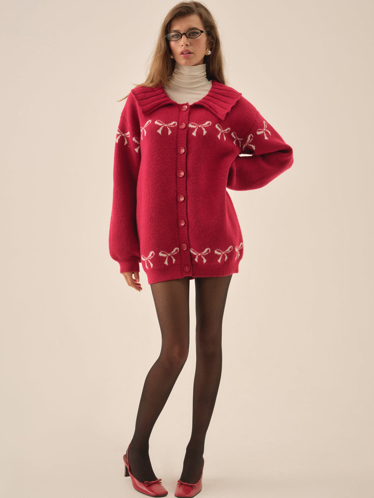 Bow Intarsia Knit Sweater - Red