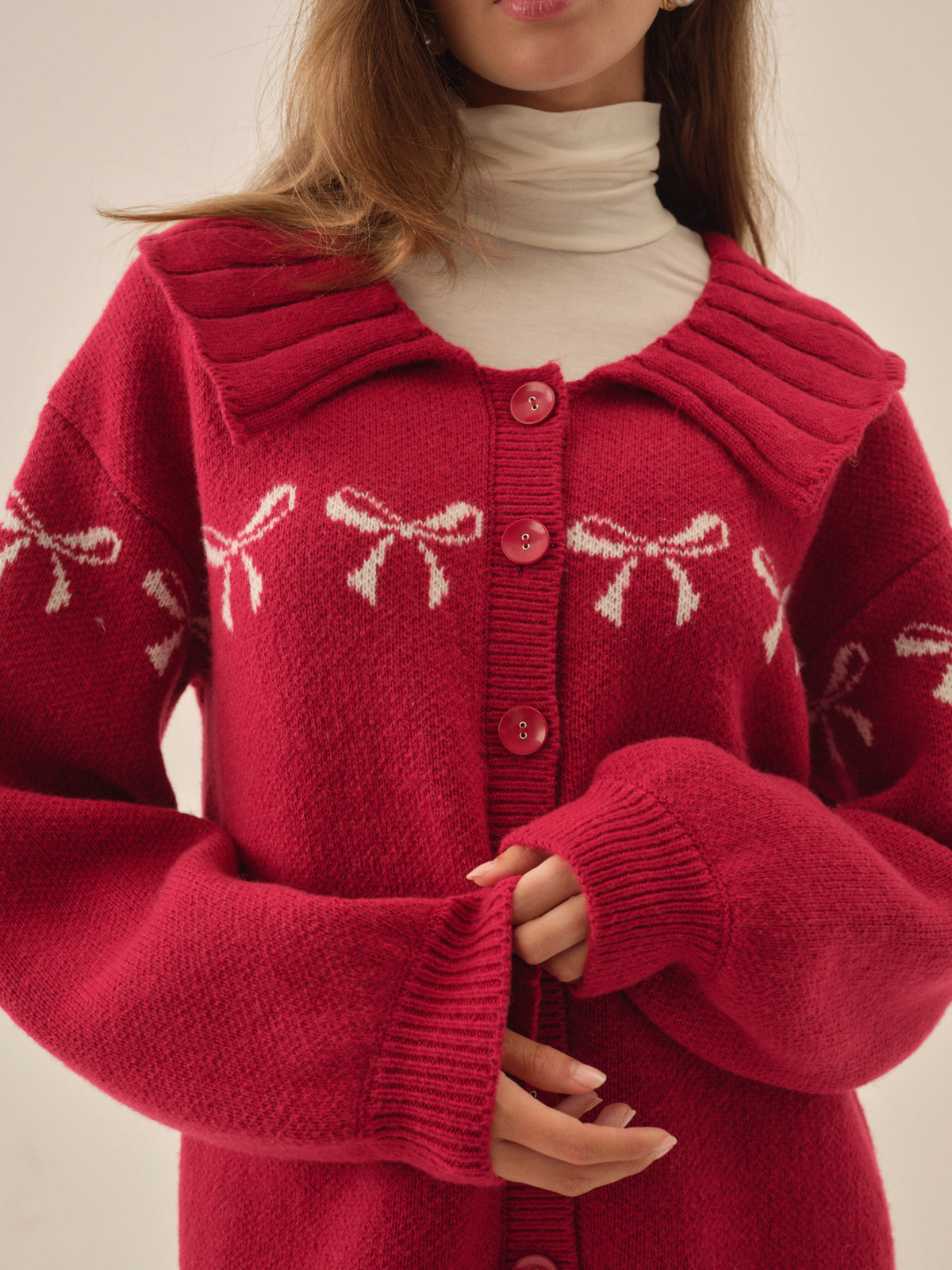 Bow Intarsia Knit Sweater - Red