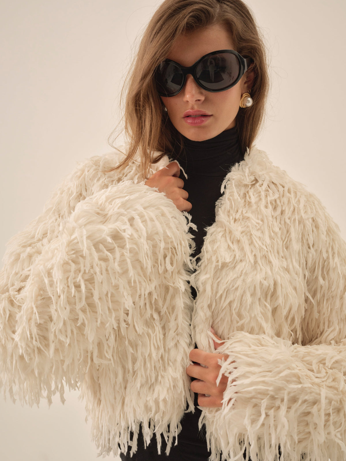Ruffle Faux Feather Jacket - Cream