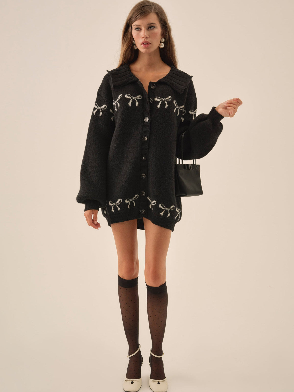 Bow Intarsia Knit Sweater - Black