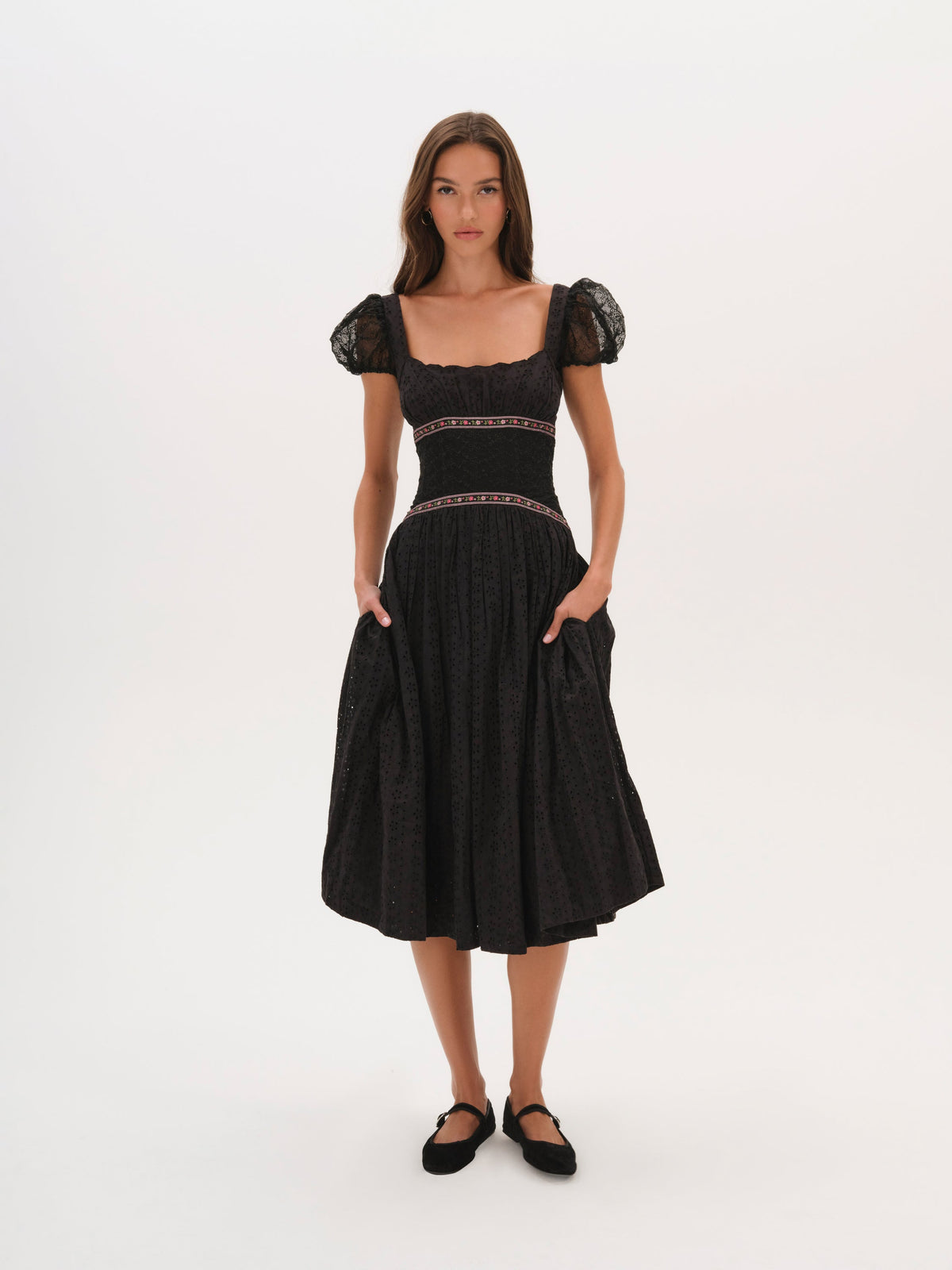 Verbana Eyelet Midi Dress - Black