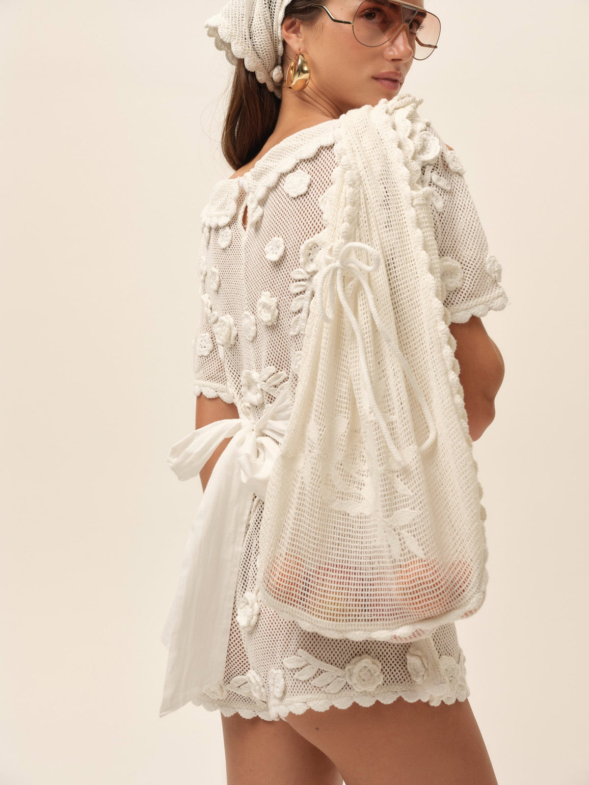 Rose Crochet Tote Bag - White