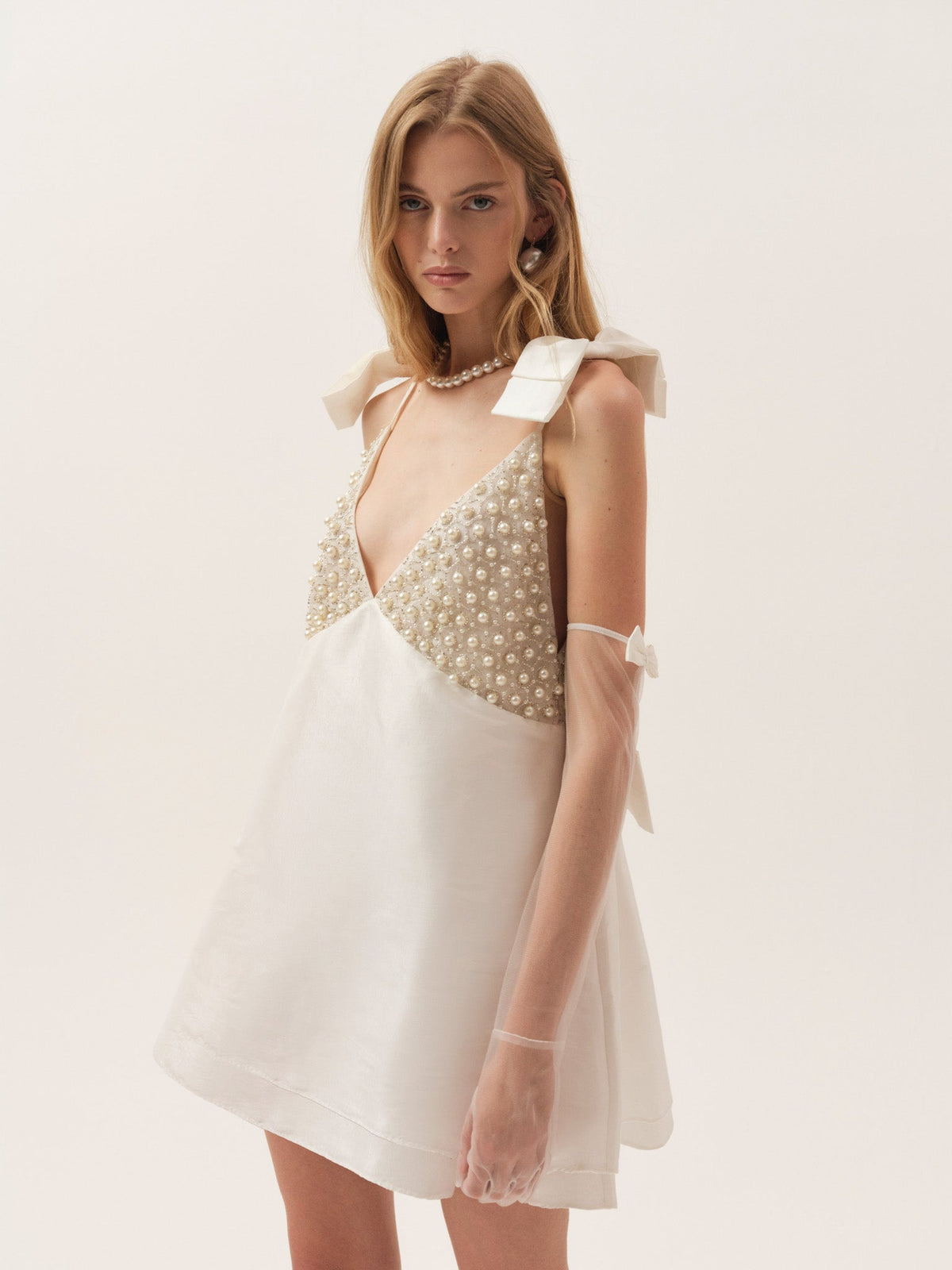 Pearly Bow Mini Dress - White