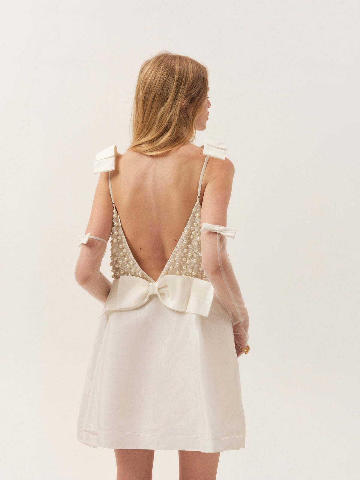 Pearly Bow Mini Dress - White