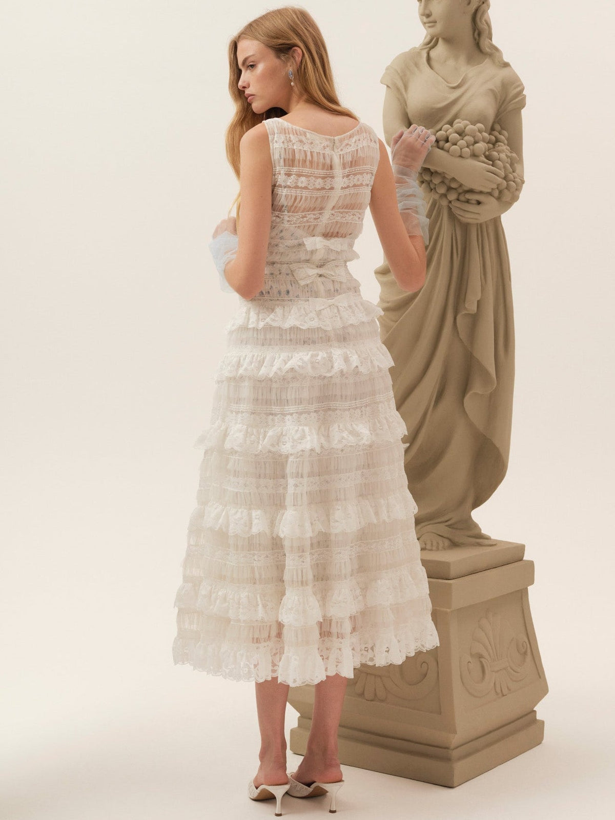Ruffle Bows Midi Dress - White