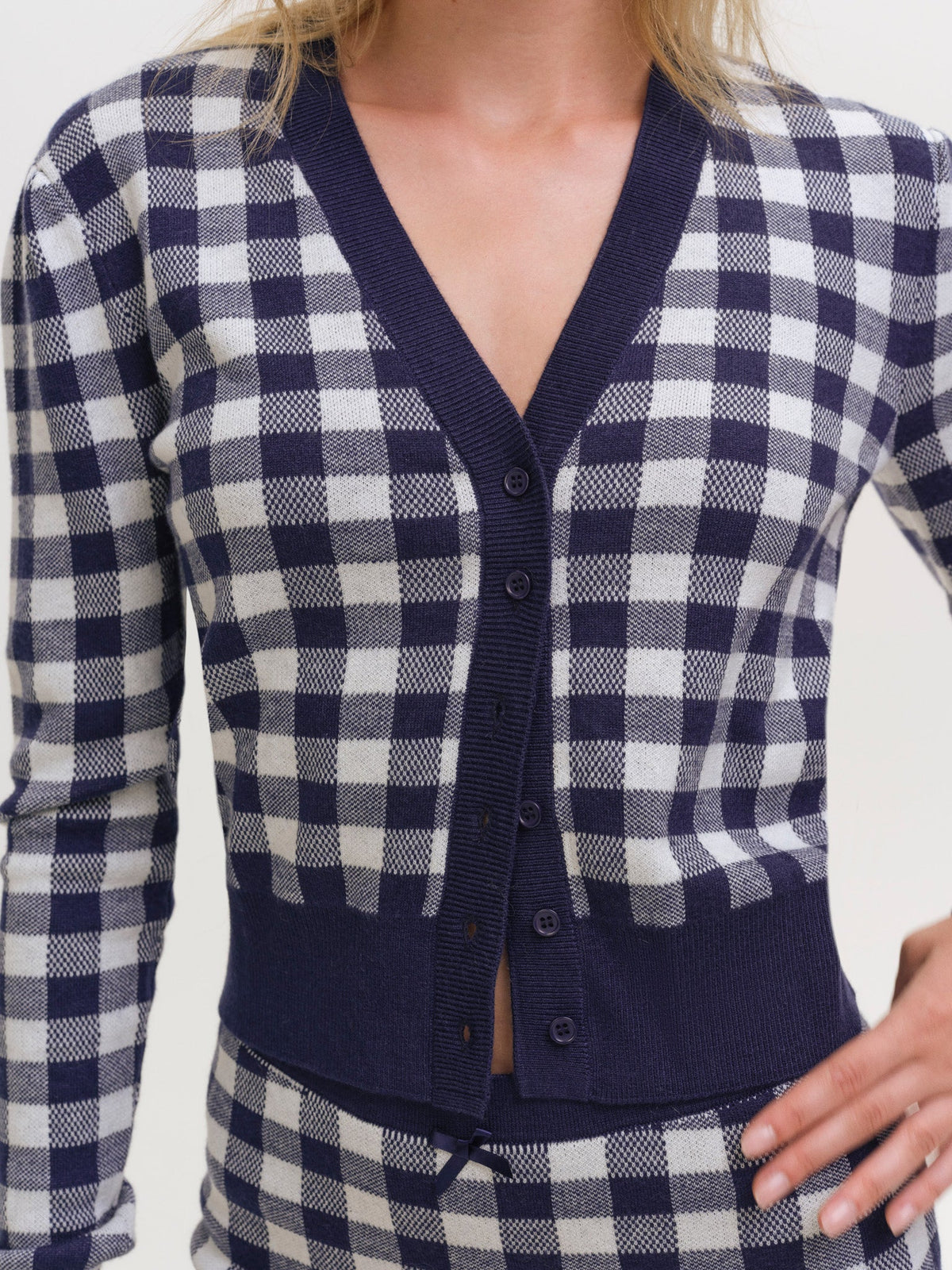 Gingham Knit Cardigan - Navy