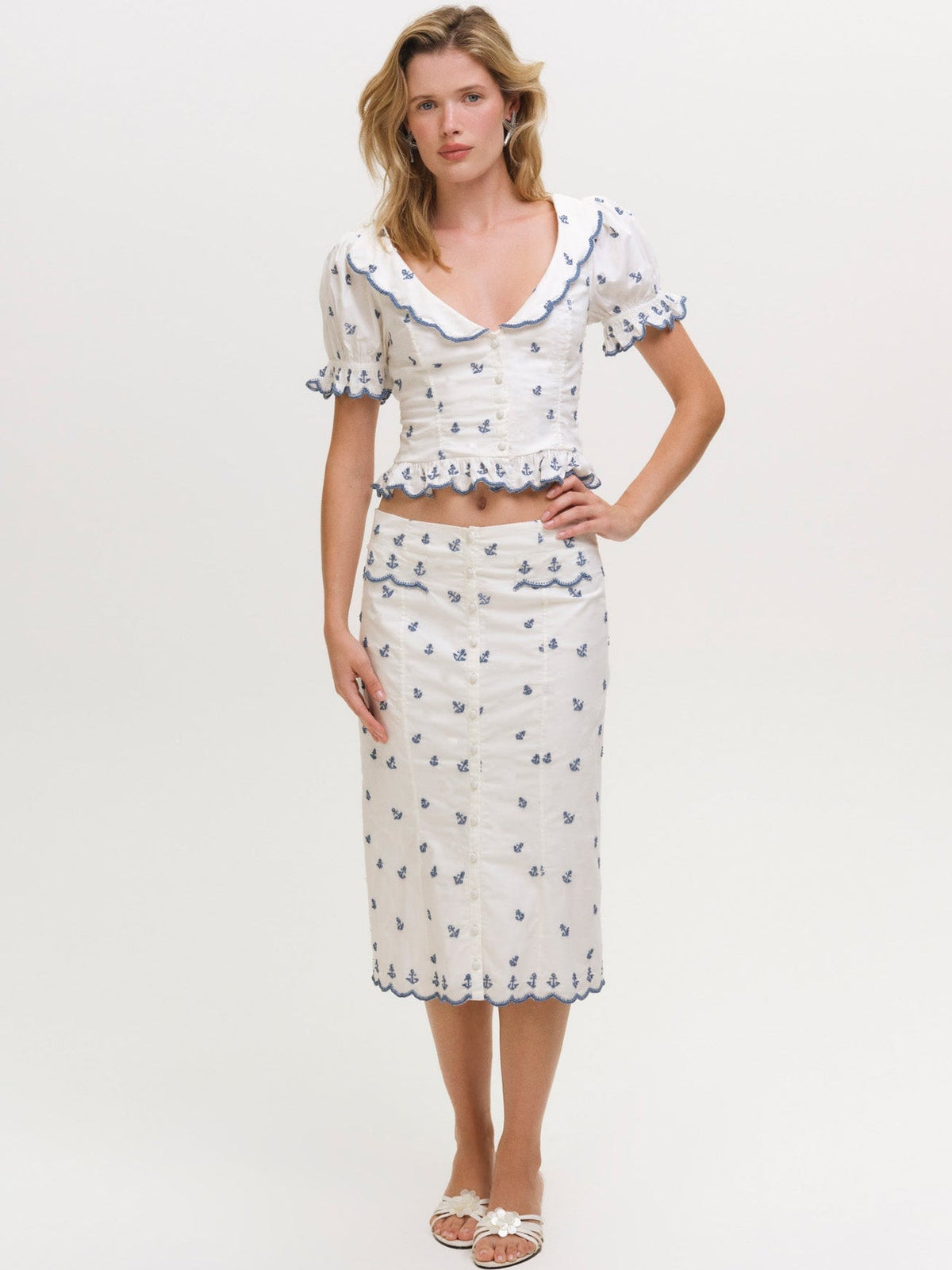 Beaded Anchors Top - White Blue
