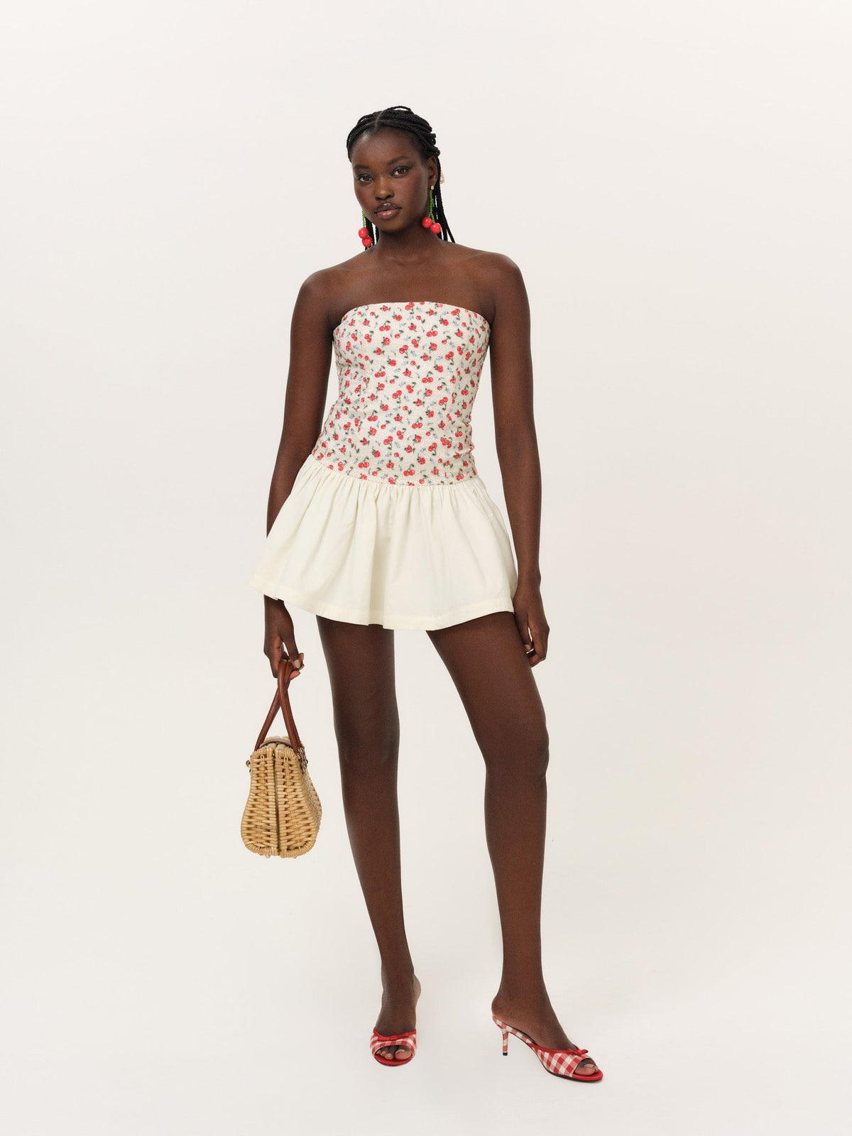 Cherry Beaded Mini Dress - Cream