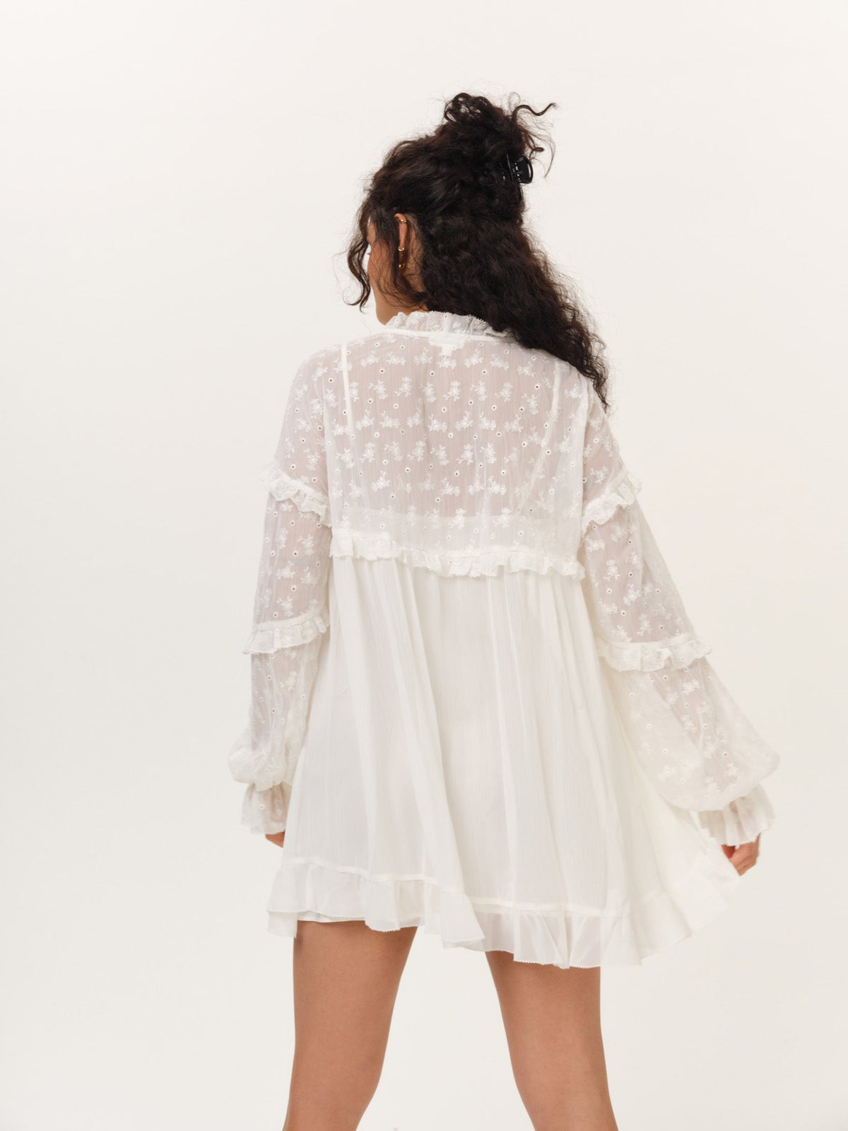 Hamptons Eyelet Long Sleeve Mini Dress - Vanilla Ice
