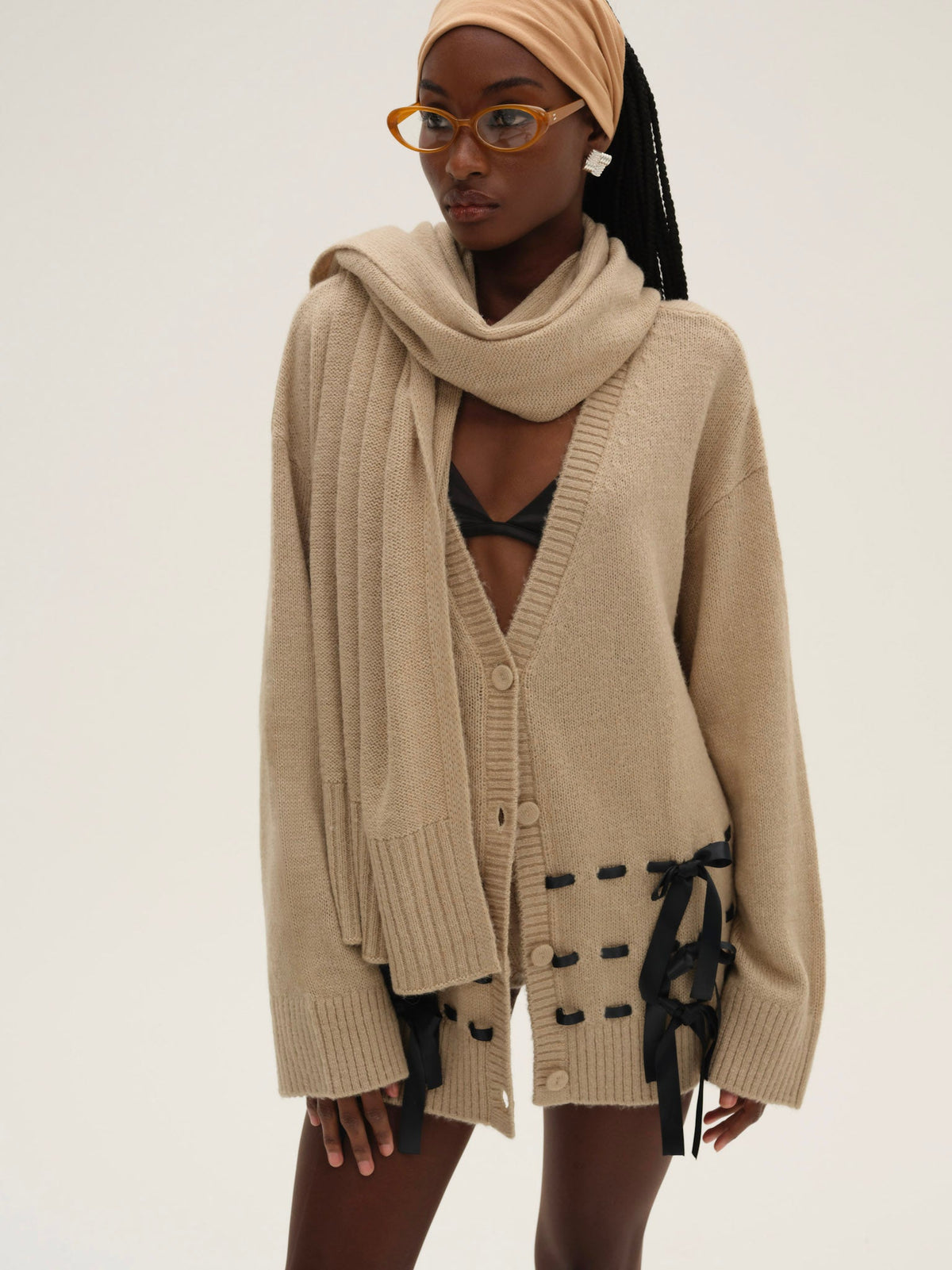 Solana Cardigan with Scarf - Tan