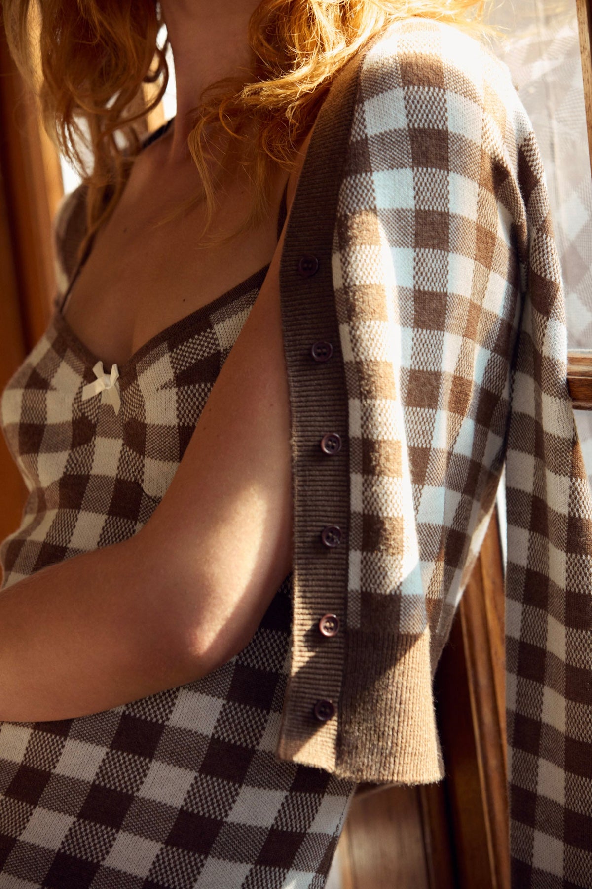 Gingham Knit Cardigan - Brown