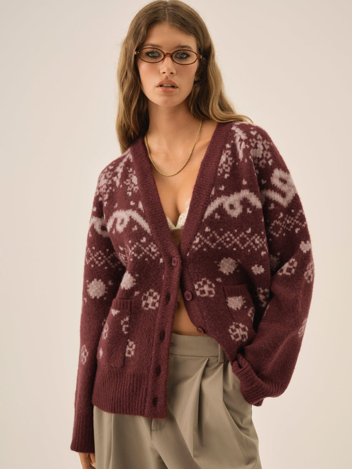 Arabella Intarsia Chunky Cardigan - Mauve
