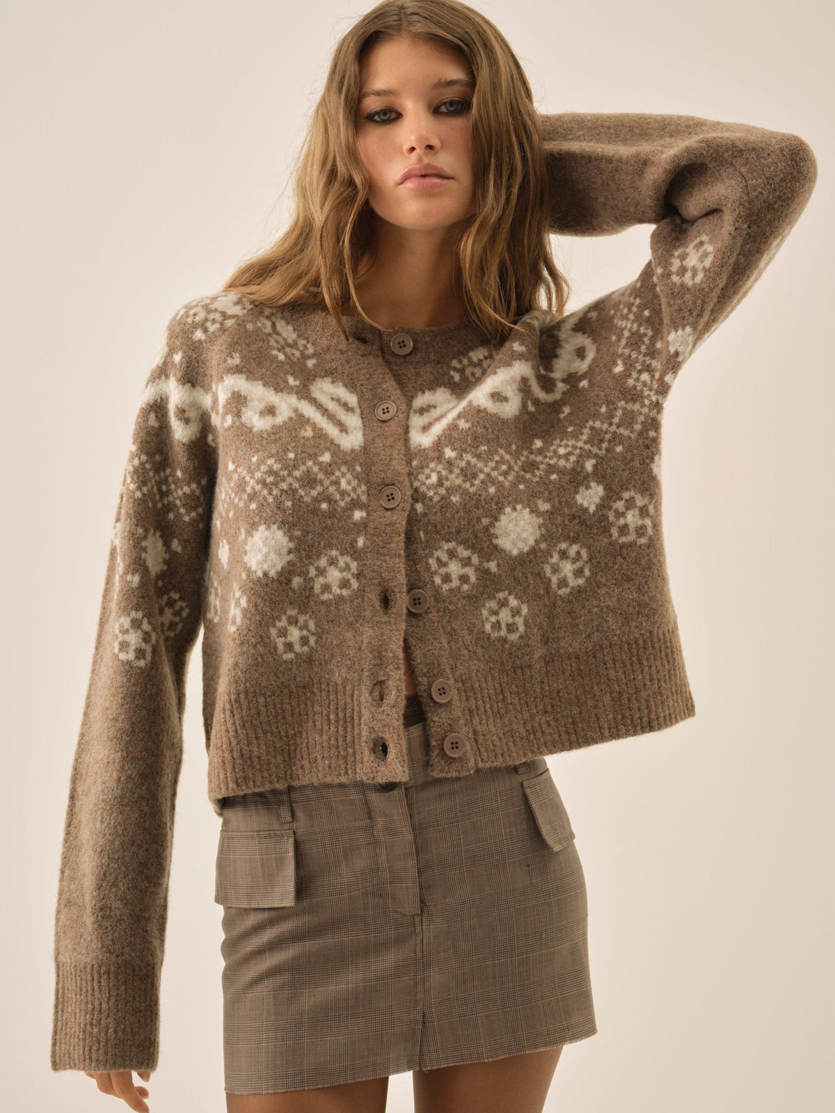 Arabella Intarsia Crewneck  Cardigan - Brown