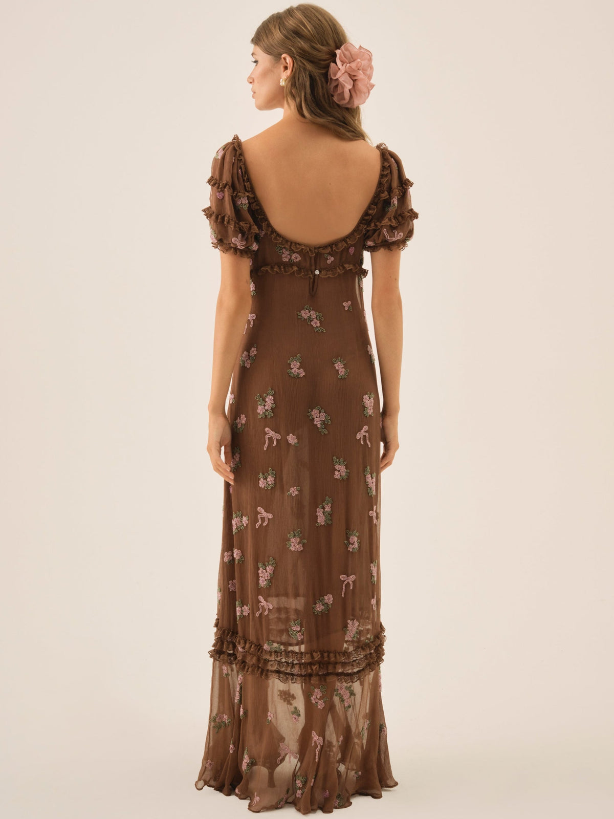 Beaded Garden Bow Maxi Dress - Brown