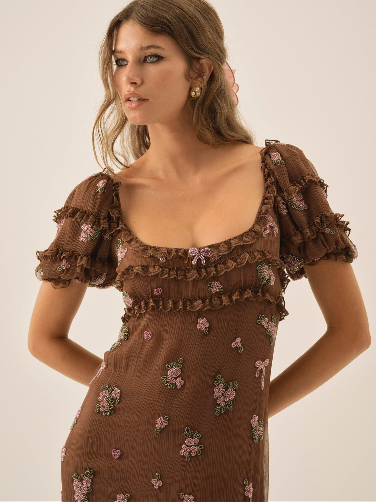 Beaded Garden Bow Maxi Dress - Brown
