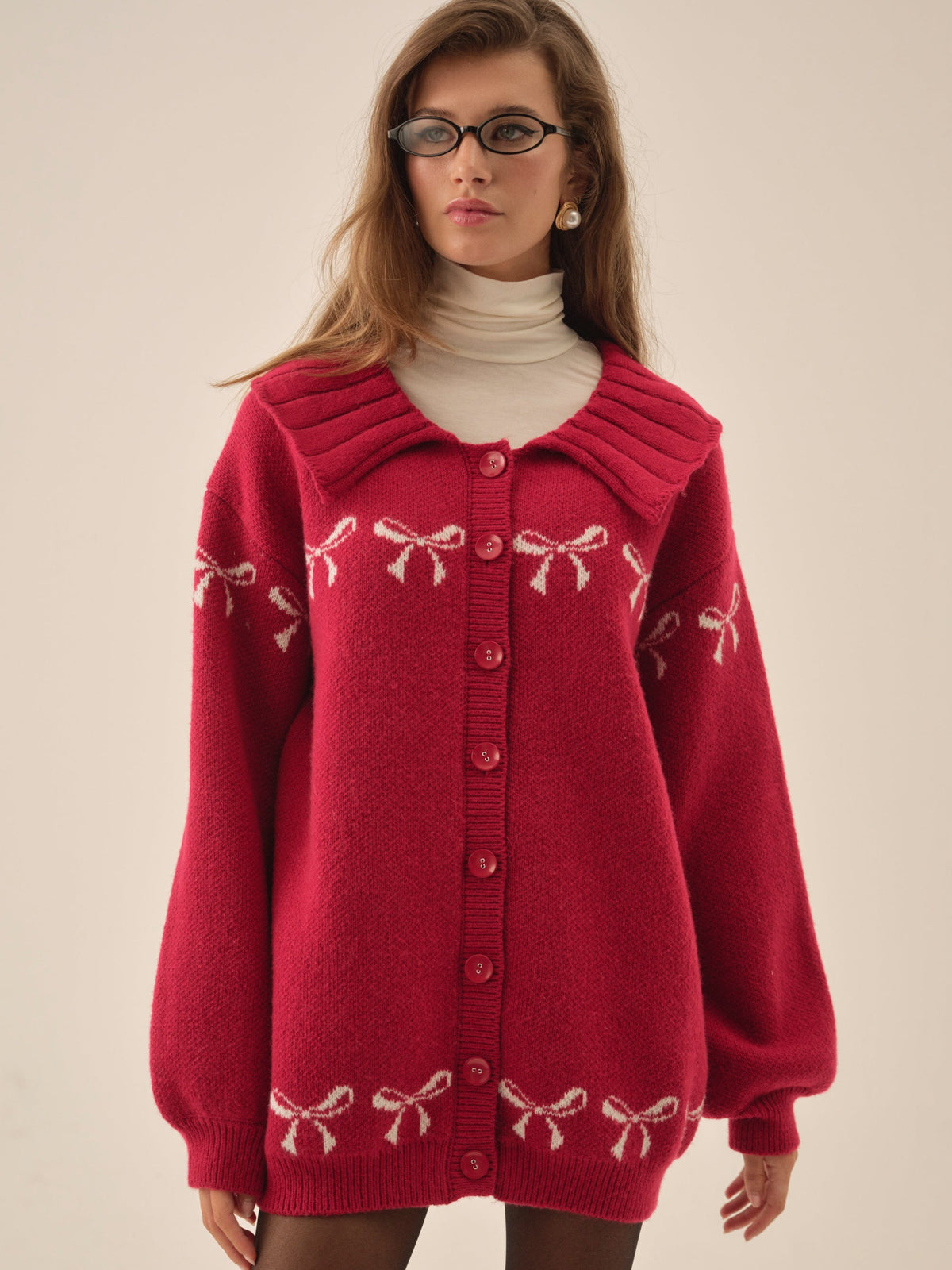 Bow Intarsia Knit Sweater - Red