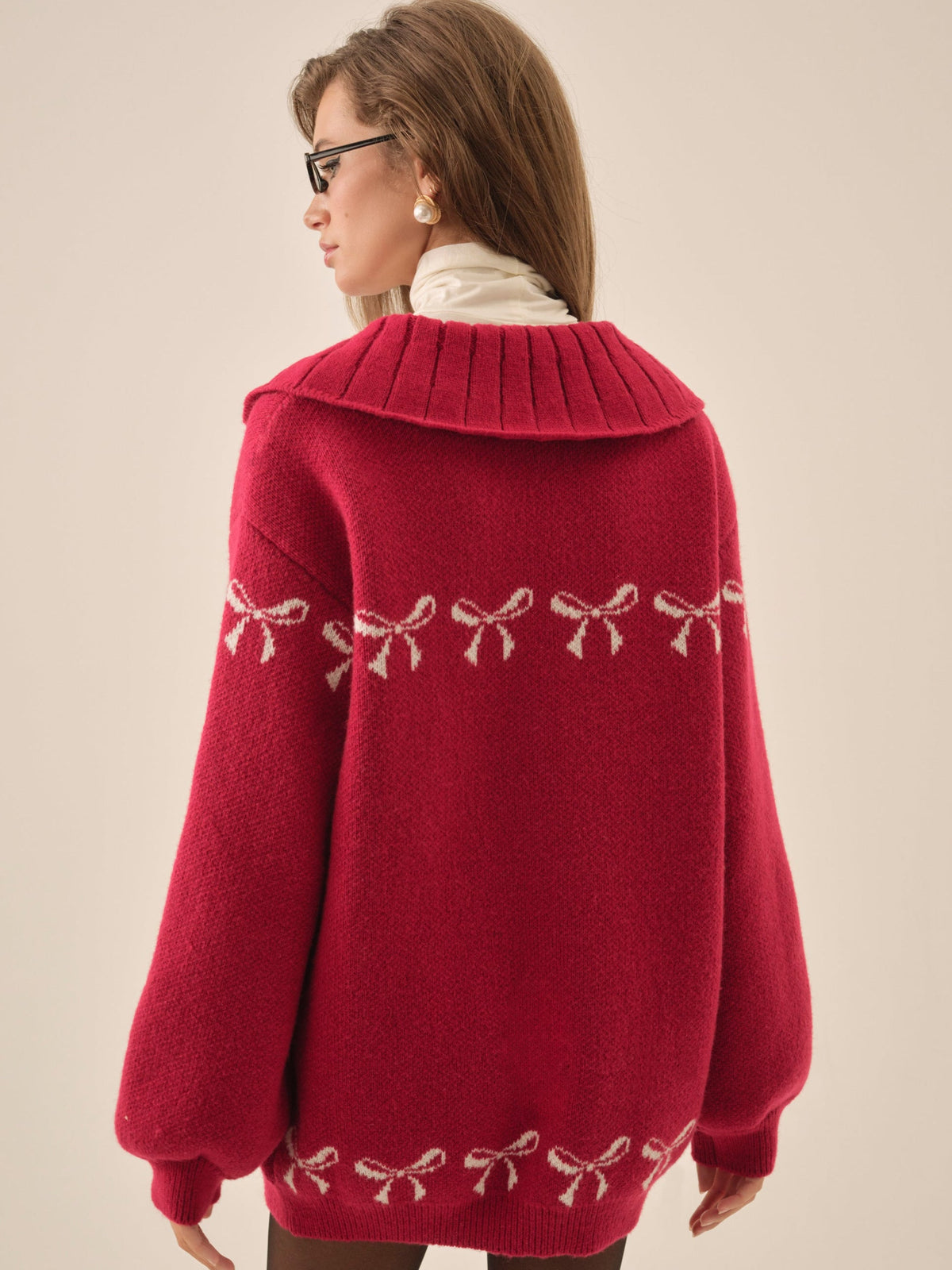 Bow Intarsia Knit Sweater - Red