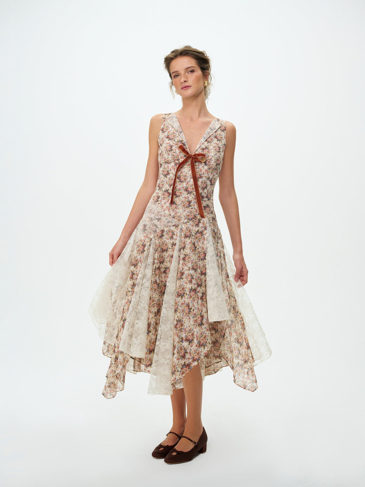 Betsy Floral Midi Dress - Cream Brown