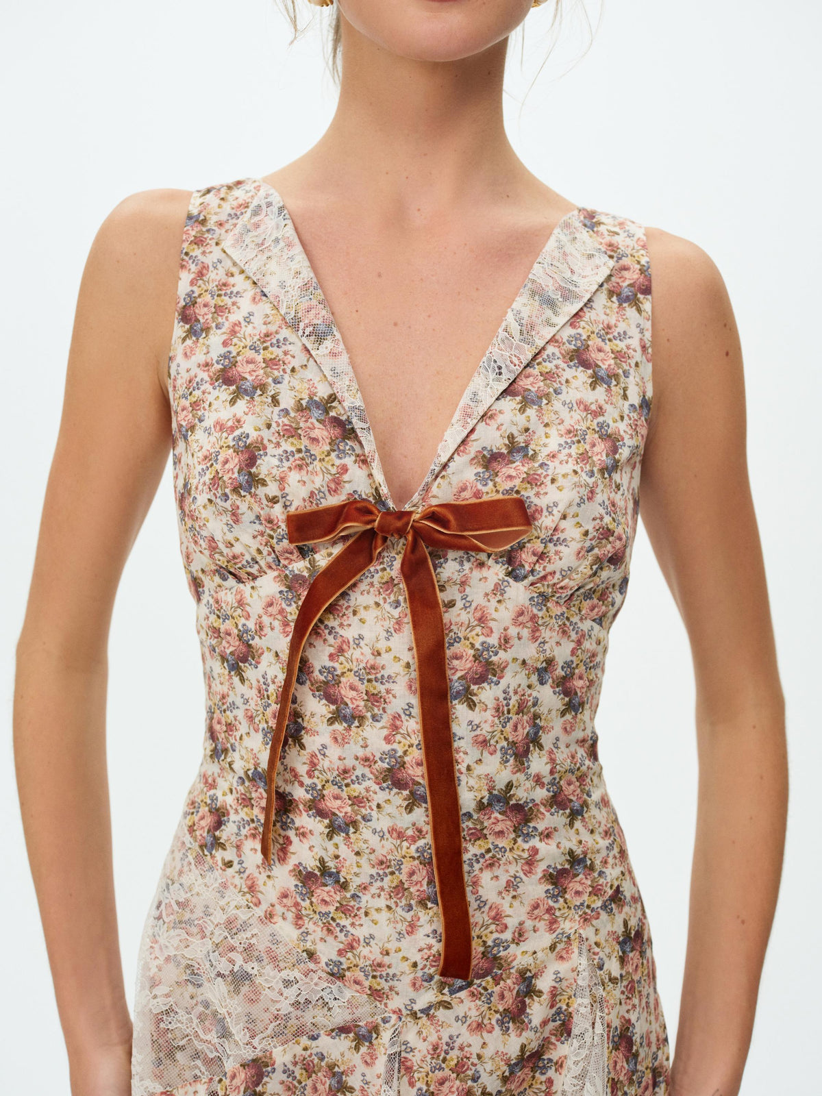 Betsy Floral Midi Dress - Cream Brown