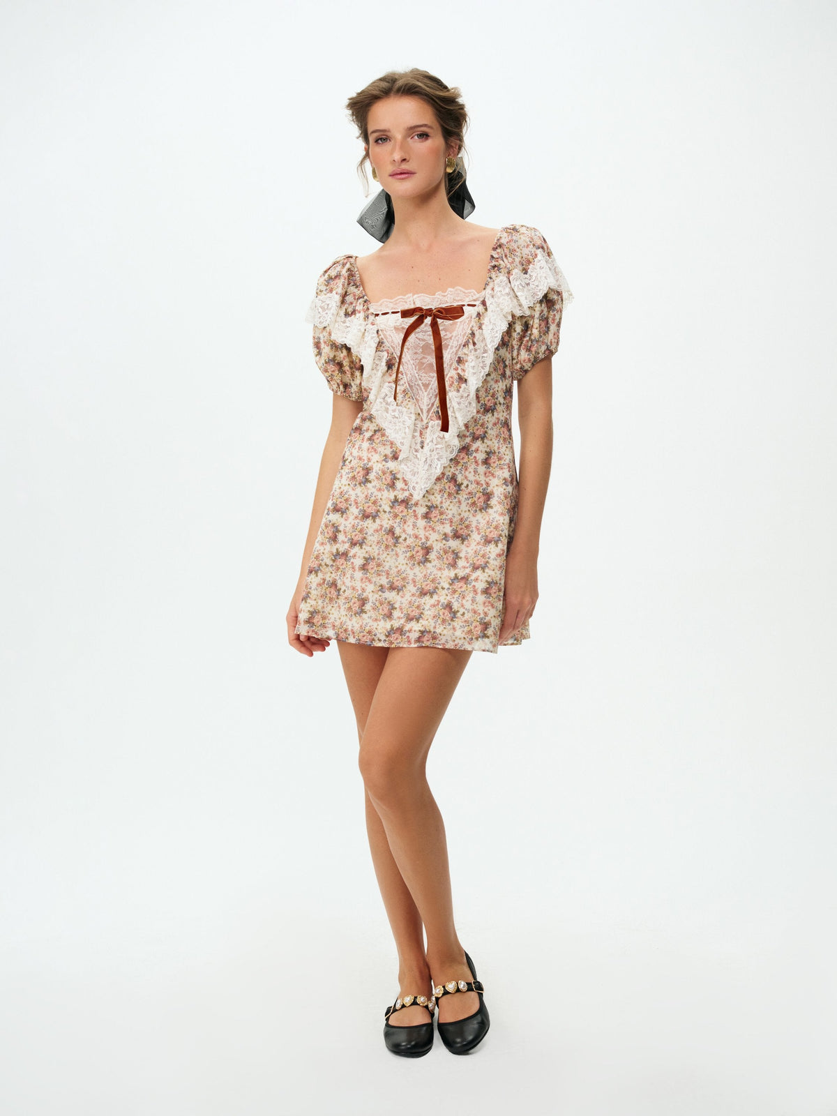 Betsy Floral Mini Dress - Cream Brown